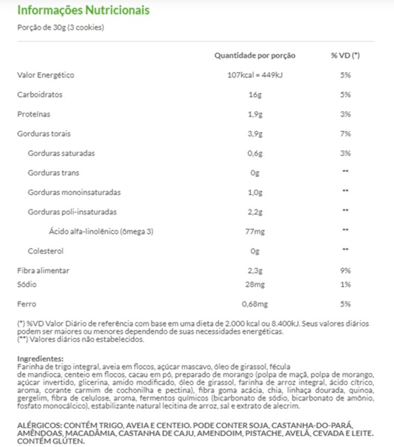 Cookies Integral Cacau e Morango 150g - Da Magrinha