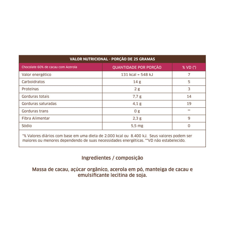 Chocolate 60% de Cacau com Acerola Mendoá 75g