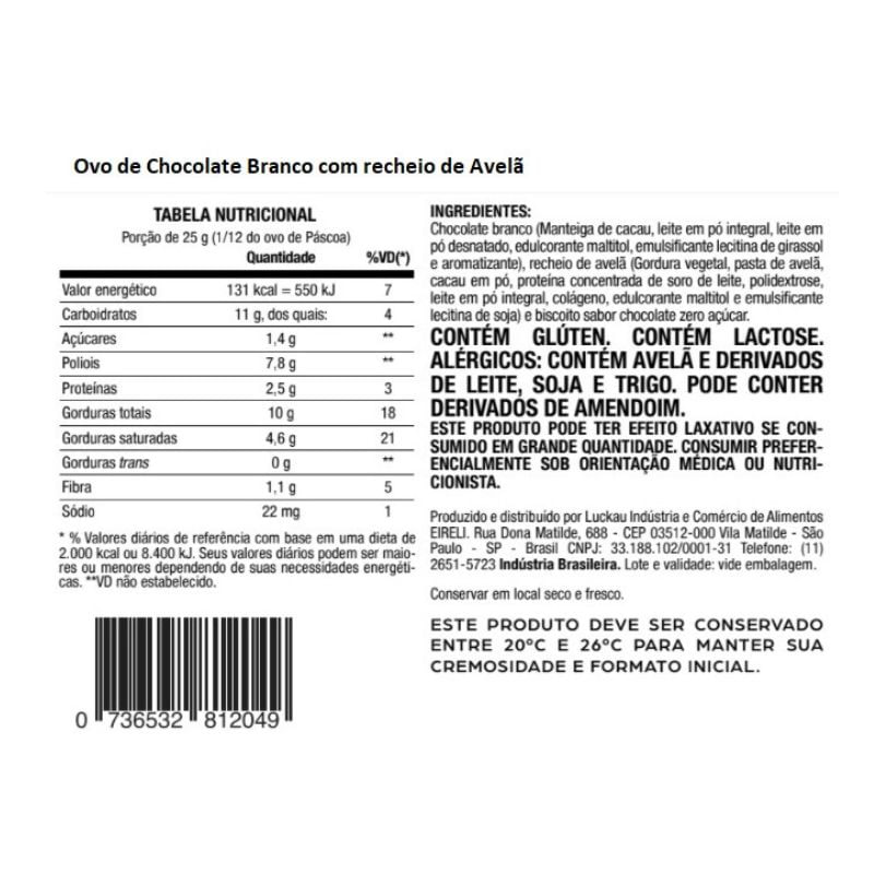 Ovo de Páscoa Chocolate Belga Branco recheio Creme de Avelã Luckau 300g