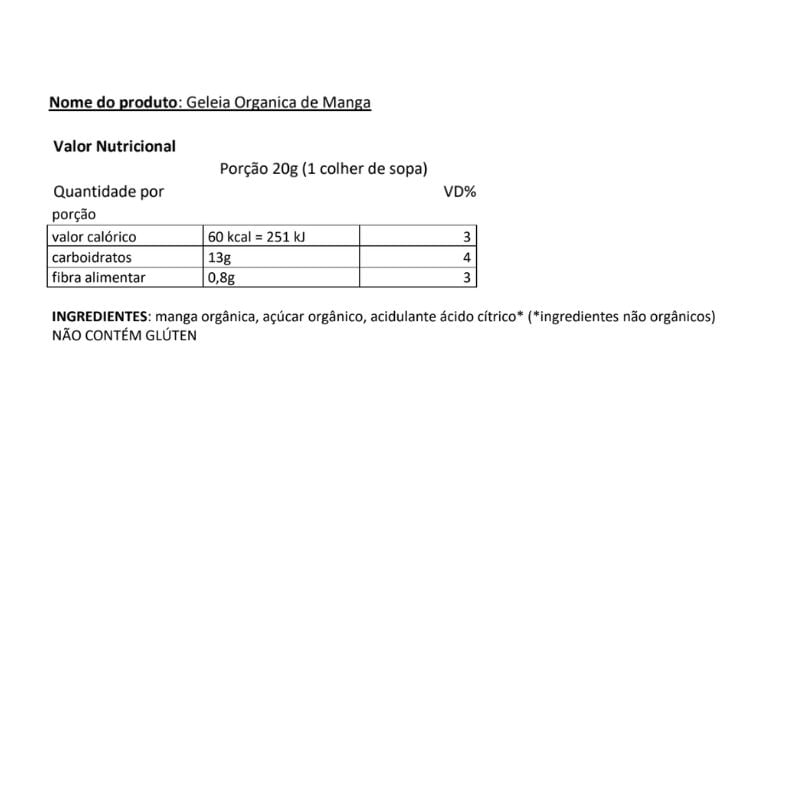 Geleia Orgânico Manga Engenho da Terra 110g