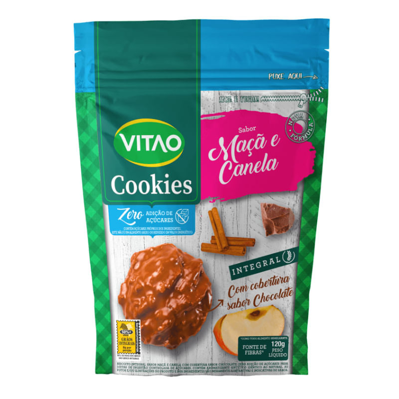 Cookies Zero Maça Canela Cobertura Chocolate Vitao 120g