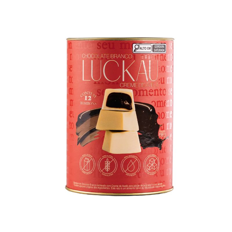 Bombom De Chocolate Branco Com Creme de Avelã Luckau Lata 198g