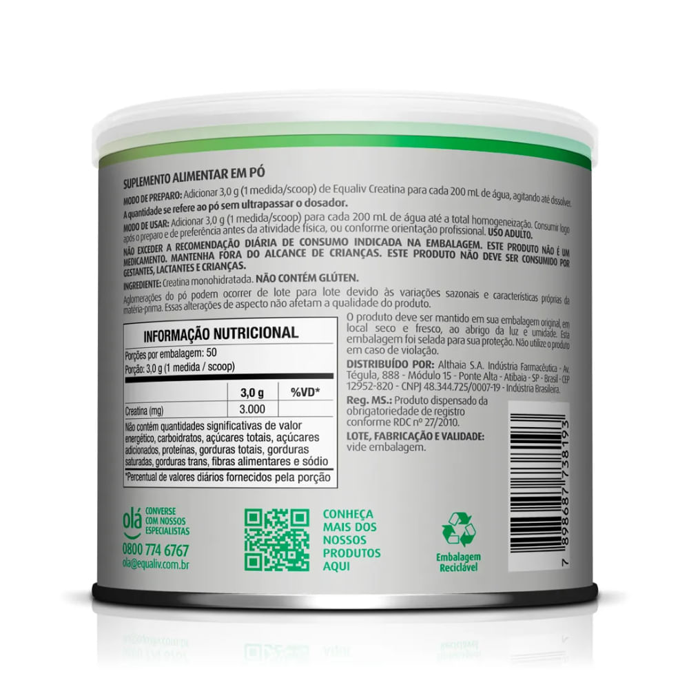 Creatina 100% Monohidratada Equaliv 150g